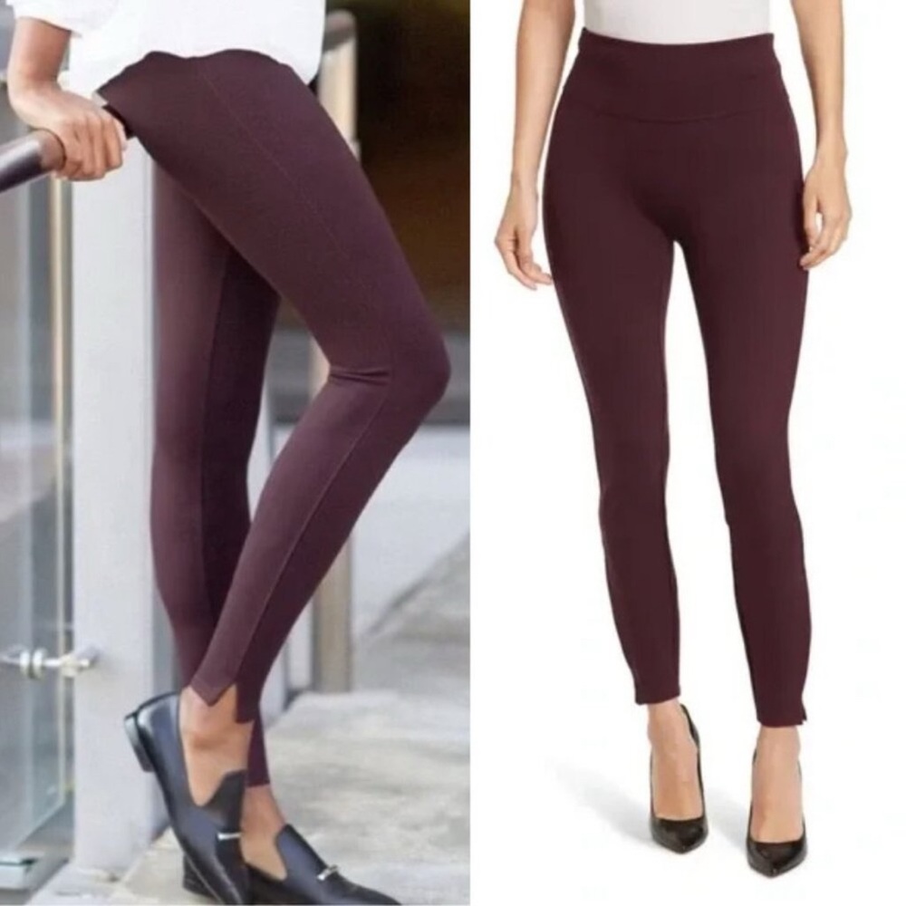 SPANX Ankle Length Ponte Leggings Split Hem Burgundy Wine Maroon Slimming $128 L